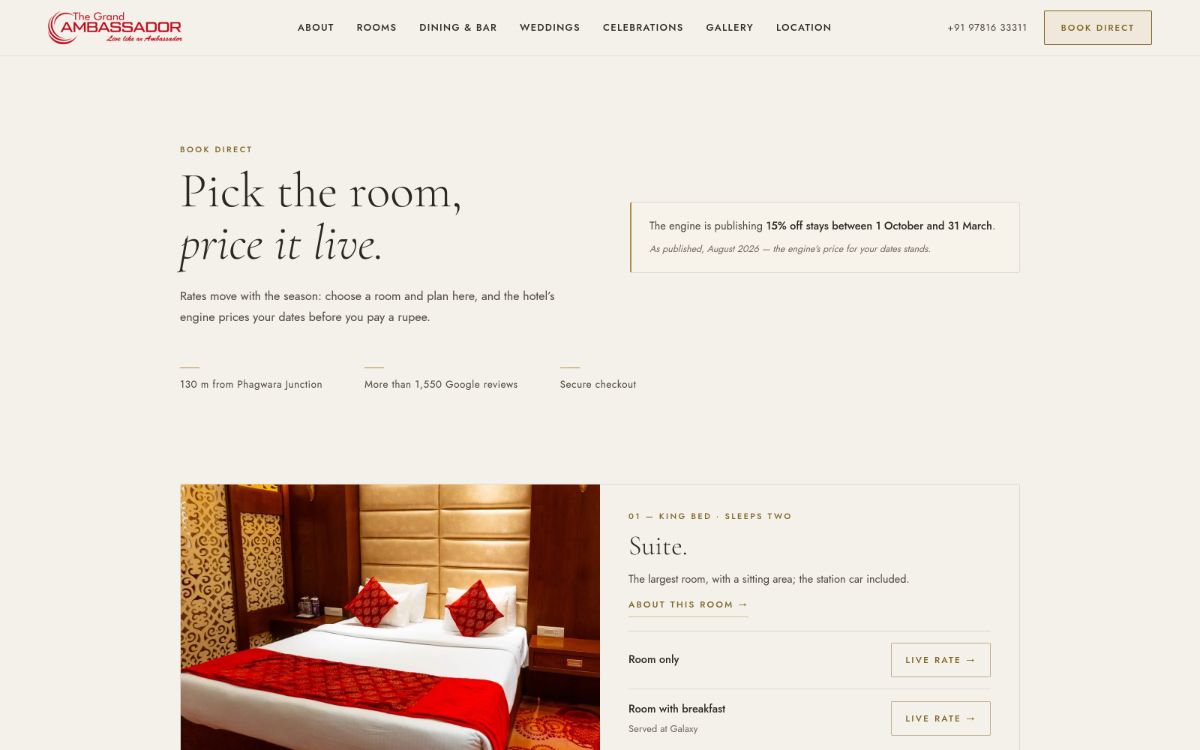 The booking page: pick the room, price it live, with the current seasonal offer stated in a panel
