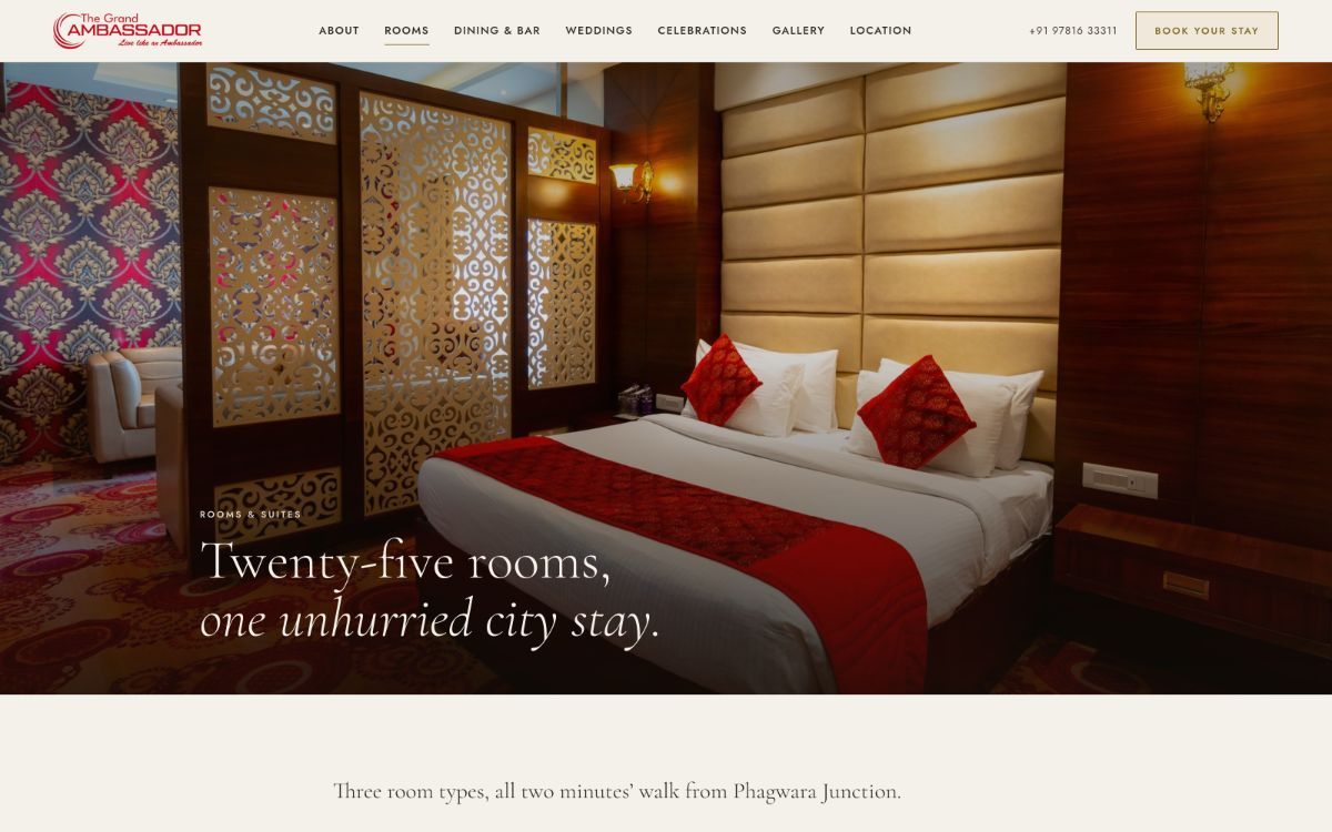 The rooms page: a full-bleed photograph of a suite under the heading ‘Twenty-five rooms, one unhurried city stay’