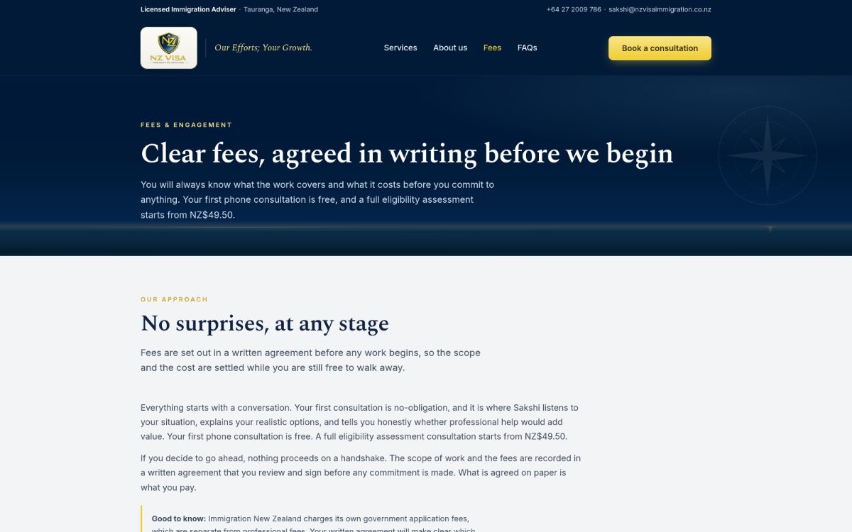 The fees page, with prices stated in writing and the complaints process linked